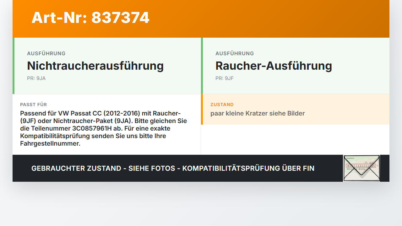 VW Passat CC 12-16 Aschenbecher Ascher Ablagefach VW Passat CC 12-16 29.04.2013 3C0857961H gebraucht Vorschau 3