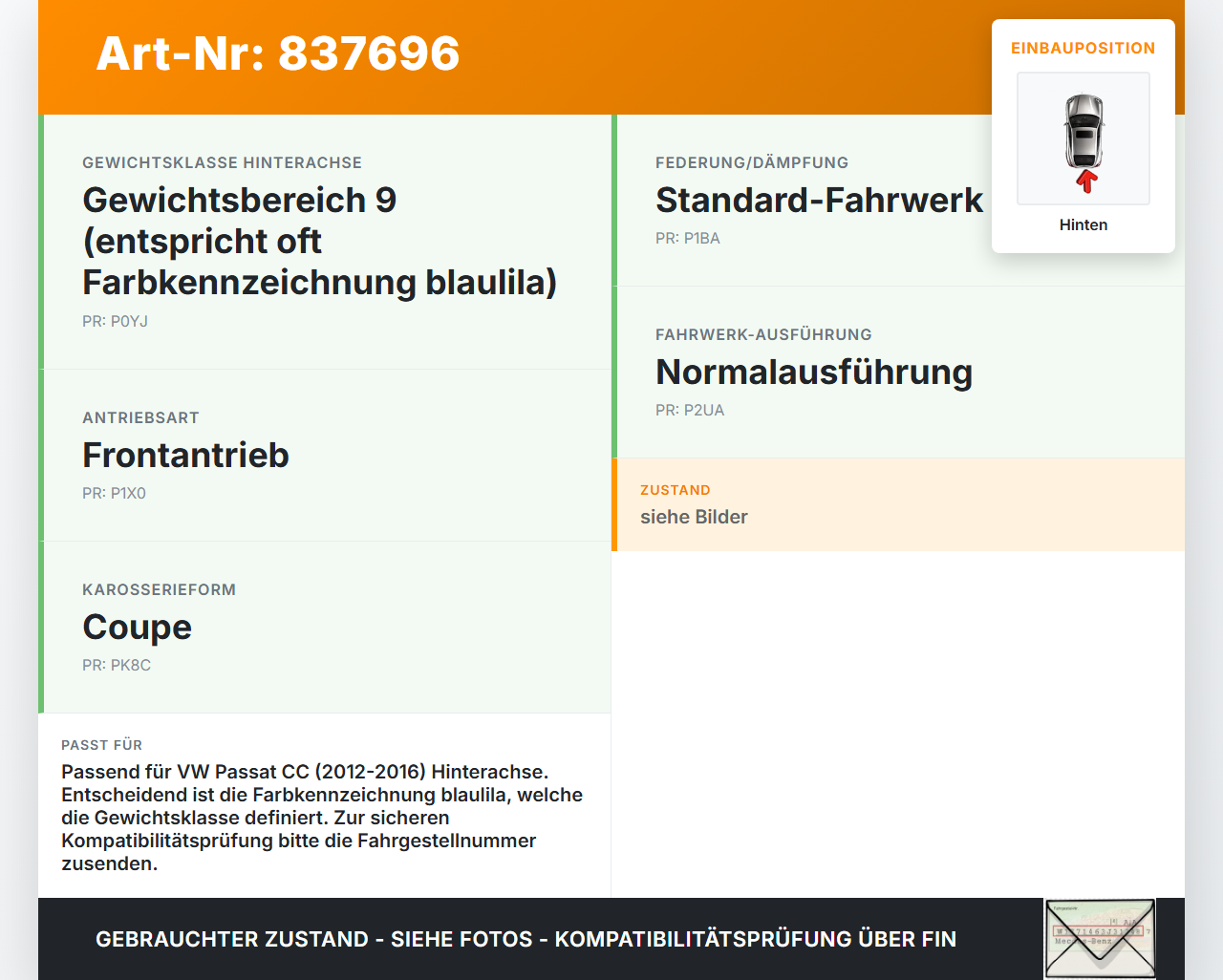 VW Passat CC 12-16 Coupe Beide Feder Federn Hinten VW Passat CC 12-16 29.04.2013 3C0511115AN gebraucht Vorschau 3
