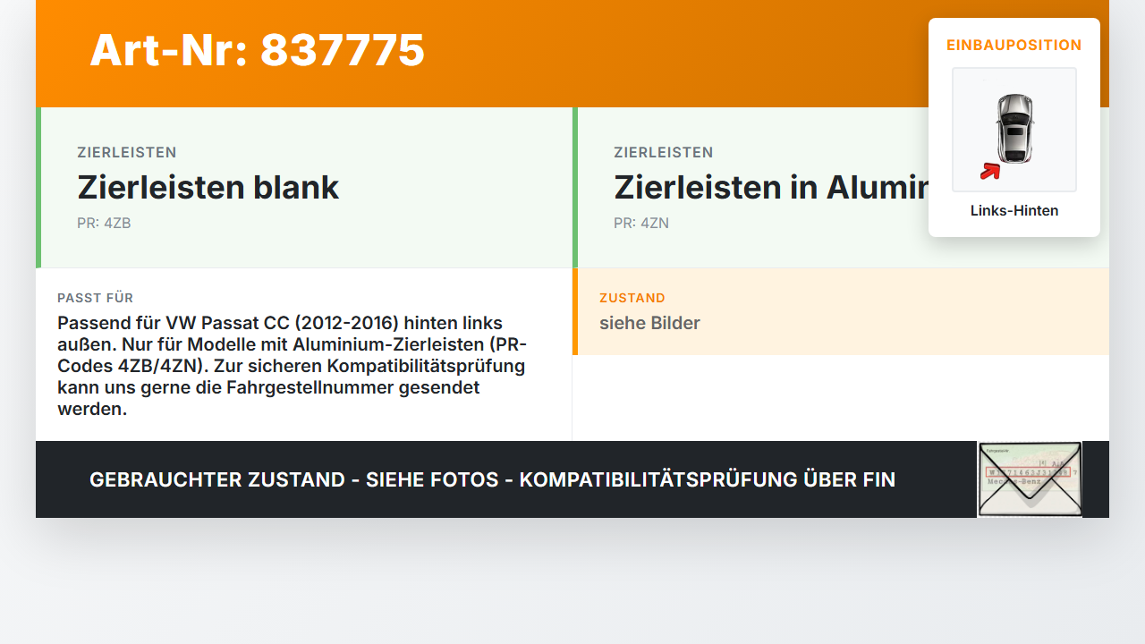 VW Passat CC 12-16 Leiste für Tür Scheibendichtung Links Hinten VW Passat CC 12-16 29.04.2013 3C8839475F gebraucht Vorschau 3