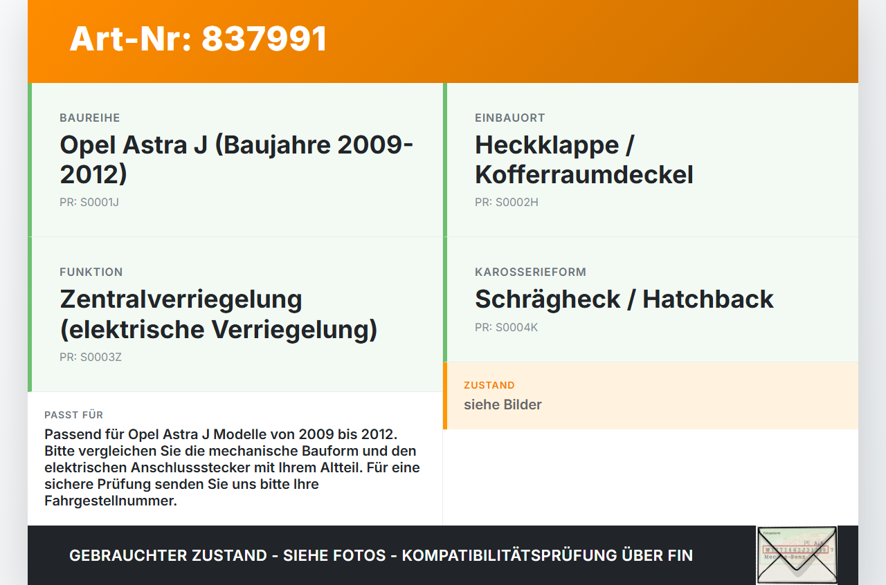 Opel Astra J 09-12 Schrägh Schloss f. Heckklappe Heckklappenschloss Verriegelung Opel Astra J 09-12 07.12.2011... Vorschau 3