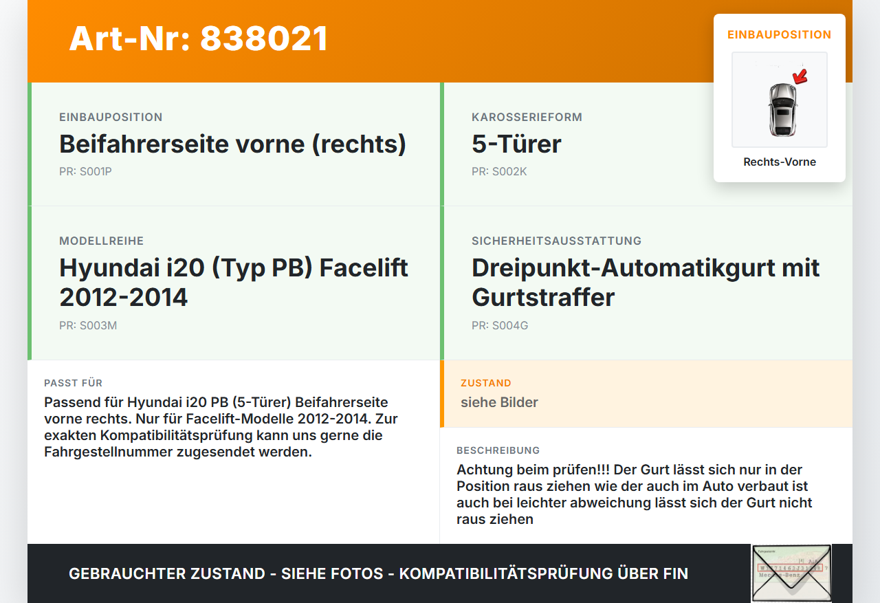 Hyundai I20 PB 12-14 5T Gurt Sicherheitsgurt Gurtstraffer für Beifahrer Rechts Vorne Hyundai I20 PB 12-14... Vorschau 3