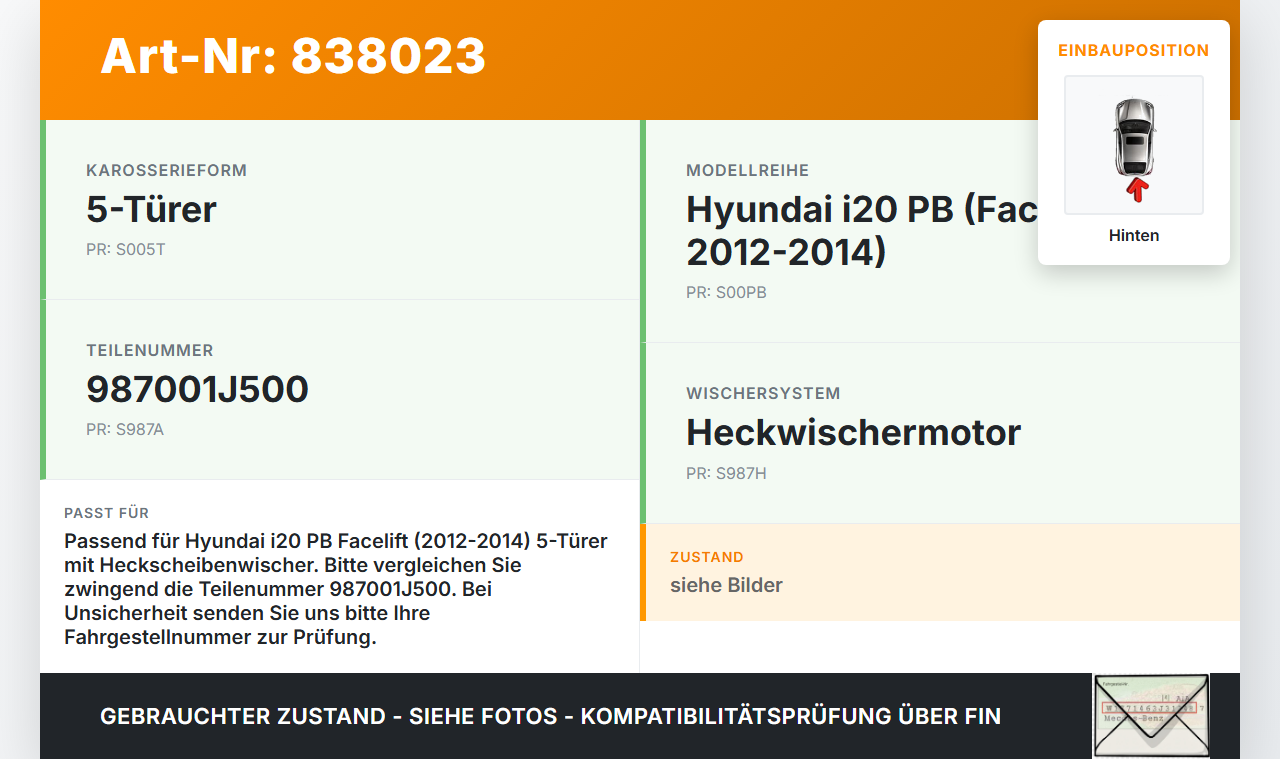 Hyundai I20 PB 12-14 5T Wischermotor Hinten Heckwischermotor Hyundai I20 PB 12-14 10.06.2013 987001J500 gebraucht Vorschau 3