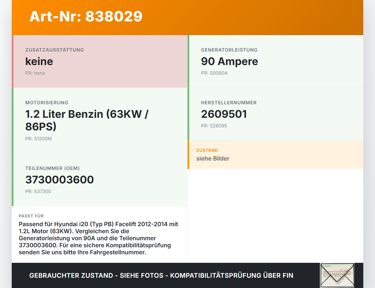 Hyundai I20 PB 12-14 1,2 63KW Lichtmaschine Generator 90A Hyundai I20 PB 12-14 10.06.2013 3730003600 37300-03600... Vorschau 3