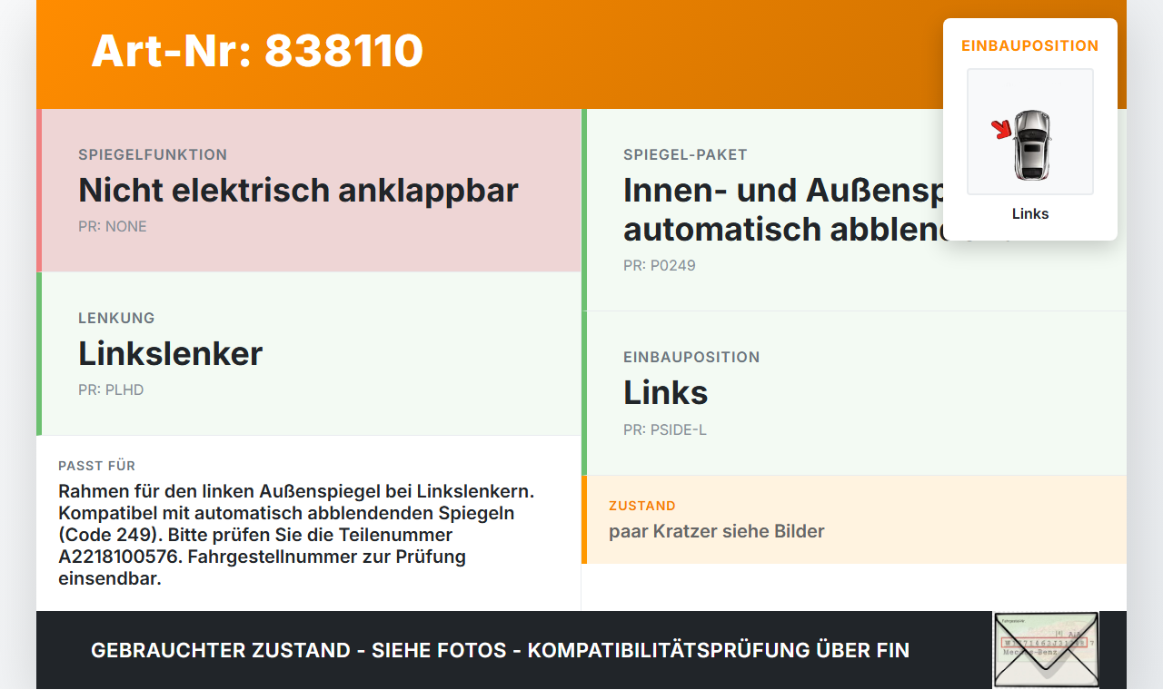 Opel Astra J 09-12 Spiegel Aussenspiegel Links GAR Opel Astra J 09-12 07.12.2011 A2218100576 gebraucht Vorschau 3
