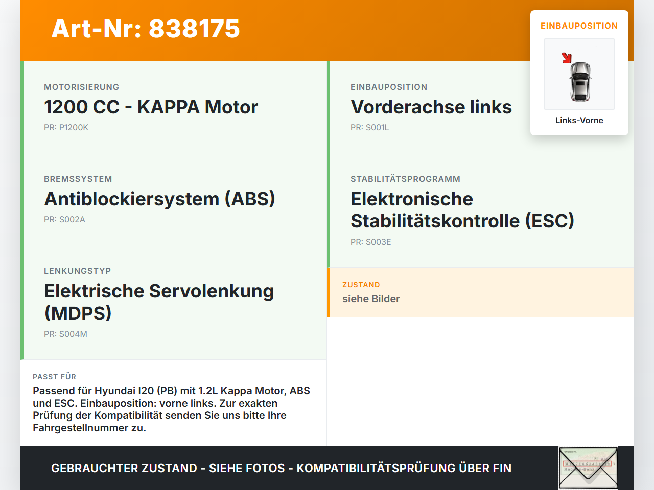 Hyundai I20 PB 12-14 1,2 63KW Achsschenkel Radnabe Links Vorne Hyundai I20 PB 12-14 10.06.2013 51715-1J600 gebraucht Vorschau 3