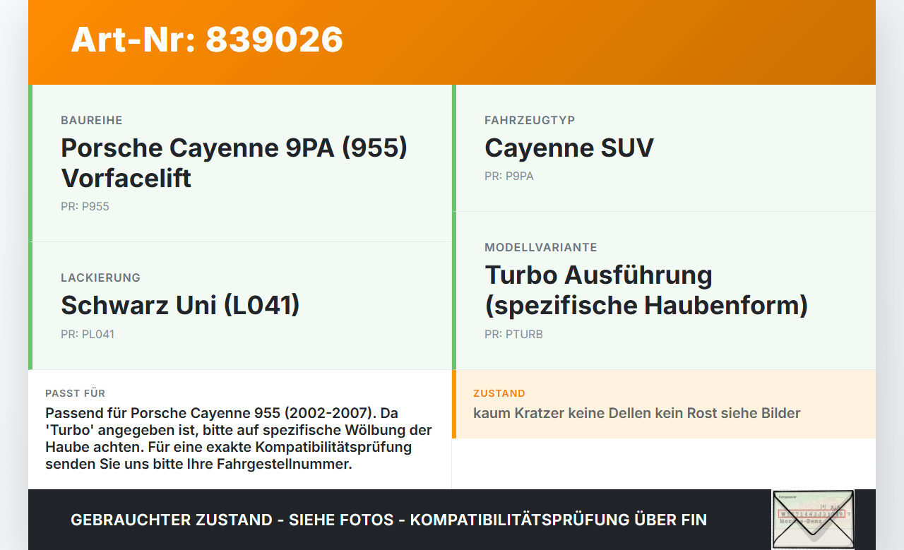 Porsche Cayenne 9PA 955 02-07 Motorhaube Frontklappe Haube TOP L041 Porsche Cayenne 9PA 955 02-07 07.06.2005... Vorschau 3