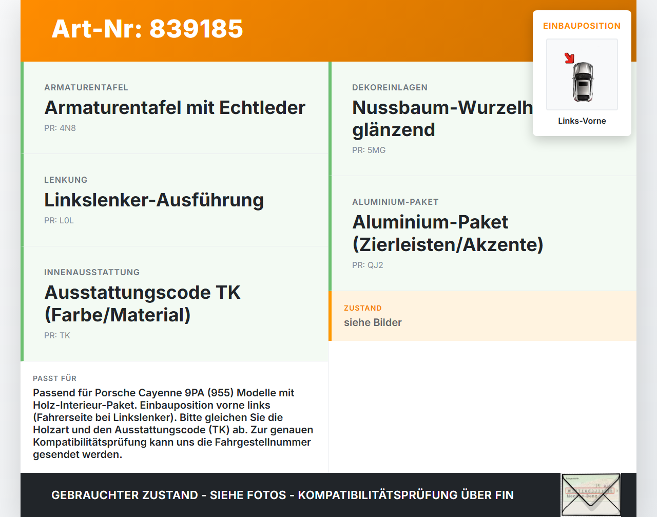 Porsche Cayenne 9PA 955 02-07 Türleiste Links Vorne Innen Holzdekor L041 Porsche Cayenne 9PA 955 02-07 07.06.2005... Vorschau 3