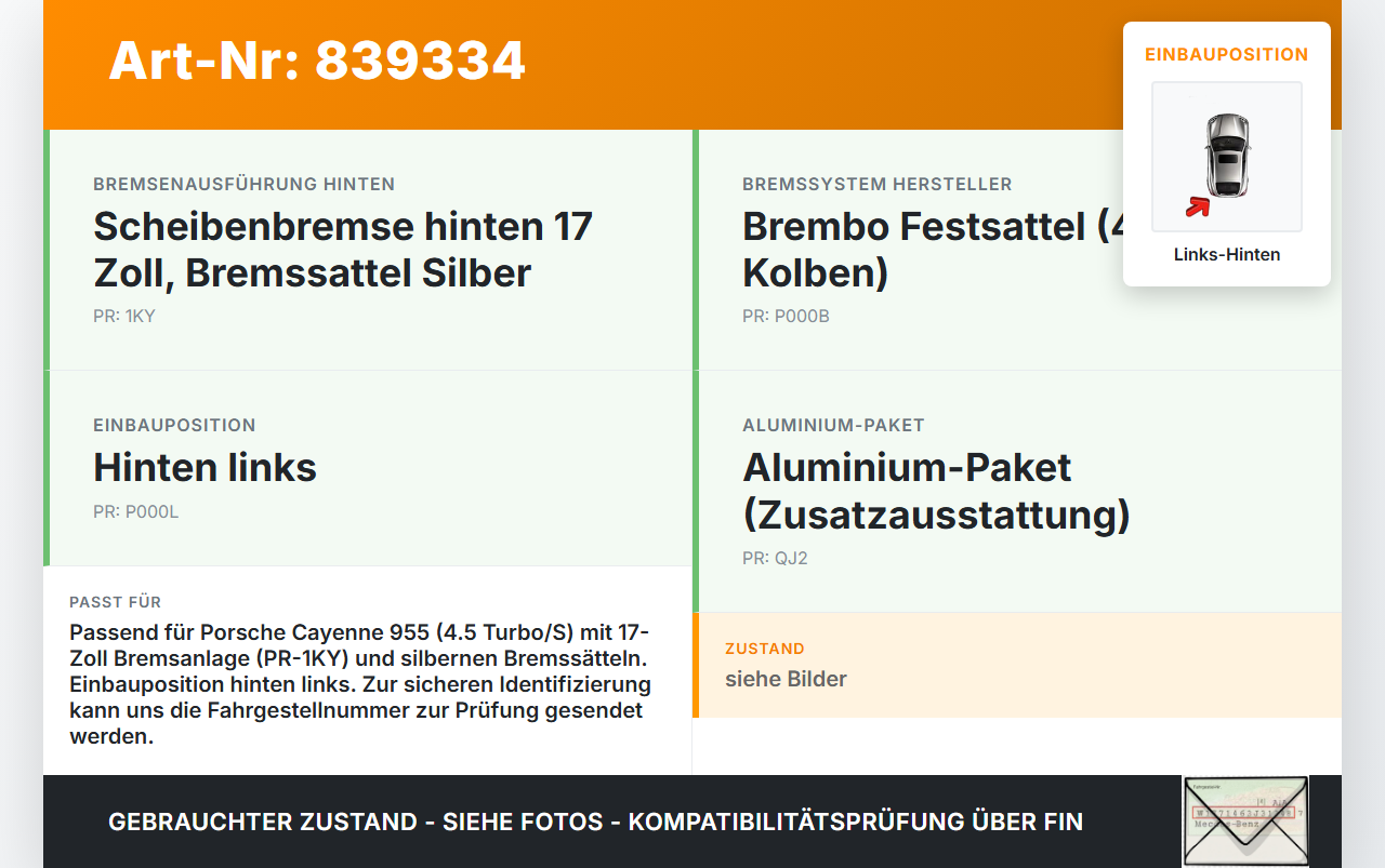 Porsche Cayenne 9PA 955 02-07 4,5 250KW Bremssattel Bremszange Hinten Links Orig. Brembo Porsche Cayenne 9PA 955... Vorschau 3