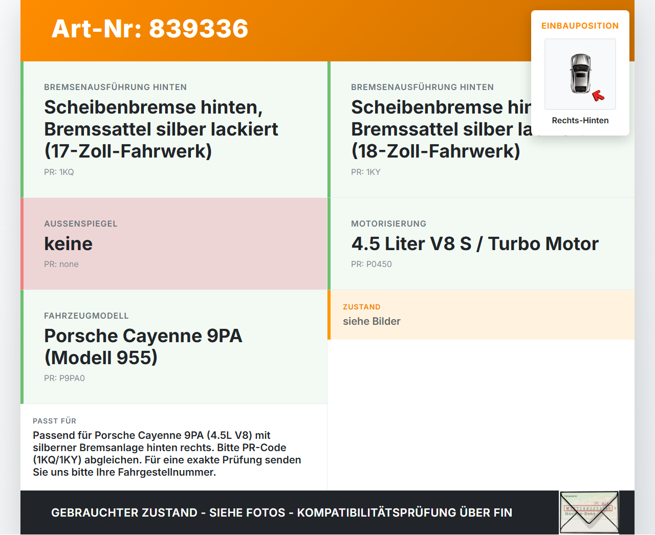 Porsche Cayenne 9PA 955 02-07 4,5 250KW Bremssattel Bremszange Hinten Rechts Orig. Brembo Porsche Cayenne 9PA 955... Vorschau 3