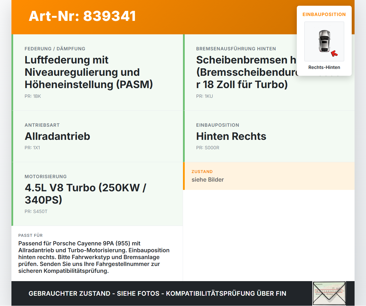 Porsche Cayenne 9PA 955 02-07  4,5 250KW 4WD Achsschenkel Radnabe mit ABS Rechts Hinten Porsche Cayenne 9PA 955... Vorschau 3