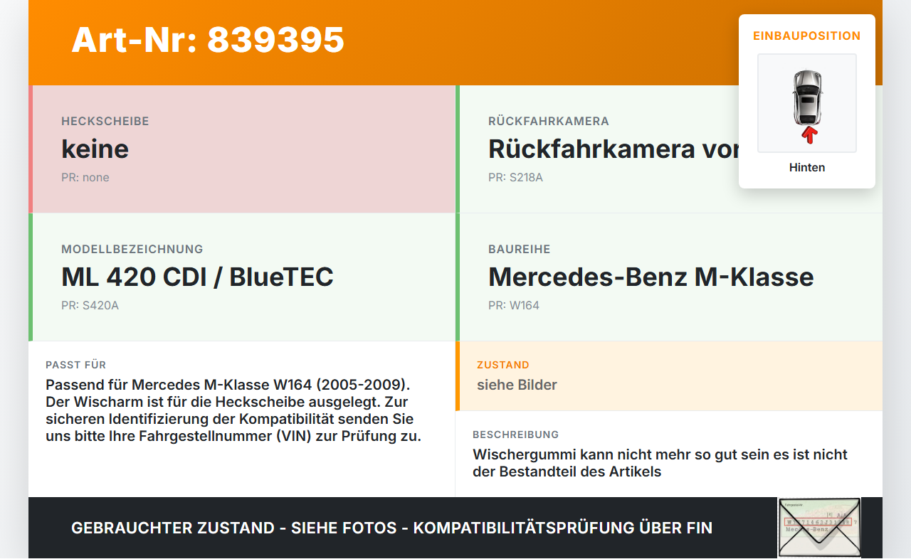 Mercedes W164 ML420 05-09 Heckwischer Scheibenwischer Hinten Wischarm Mercedes W164 ML420 05-09 18.01.2008... Vorschau 3