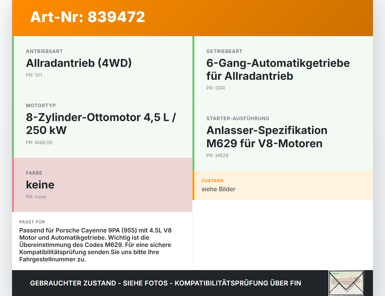 Porsche Cayenne 9PA 955 02-07 4,5 250KW Autom Anlasser Starter Porsche Cayenne 9PA 955 02-07 07.06.2005 231820224KF... Vorschau 3