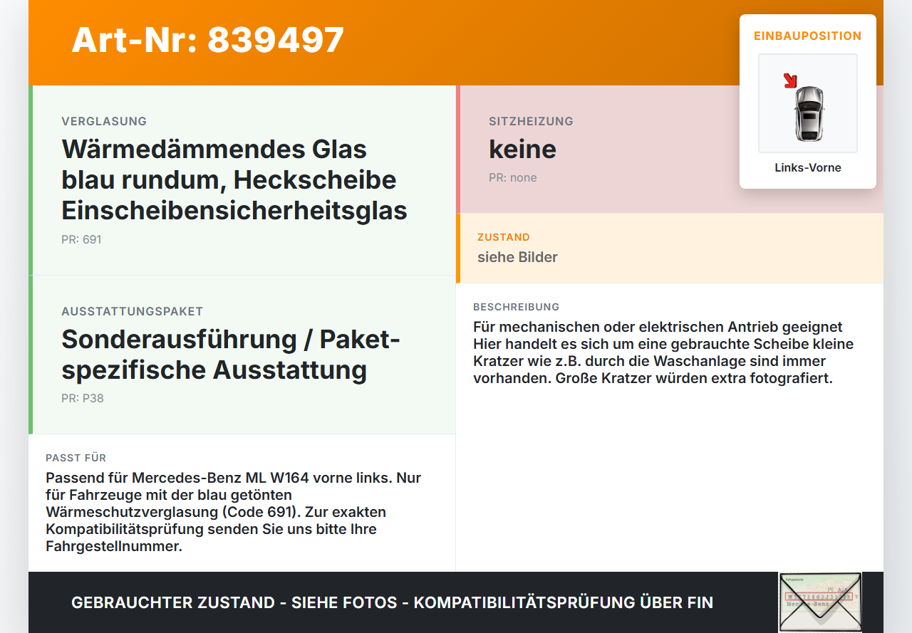 Mercedes W164 ML420 05-09 LVK Seitenscheibe für Tür Fenster Türscheibe Links Vorne Blau Mercedes W164 ML420 05-09... Vorschau 3