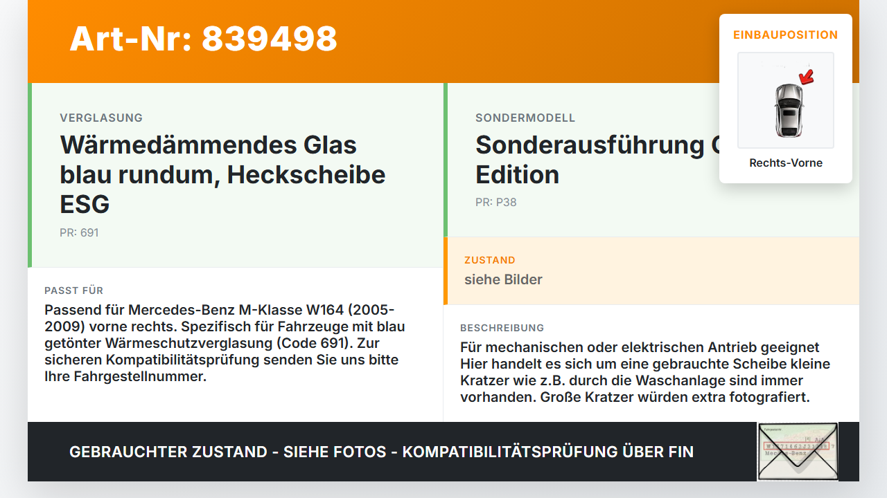 Mercedes W164 ML420 05-09 RVK Seitenscheibe für Tür Türscheibe Rechts Vorne Blau Mercedes W164 ML420 05-09... Vorschau 3