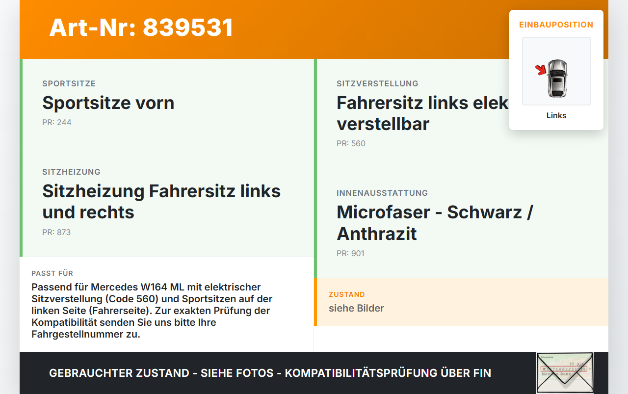 Mercedes W164 ML420 05-09 Sitzverstellung Schalter Links Mercedes W164 ML420 05-09 18.01.2008 A1648201310 03464800... Vorschau 3
