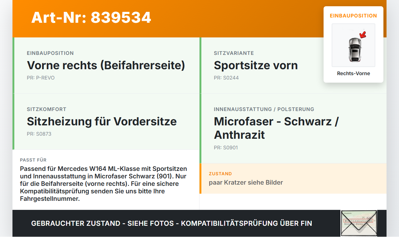 Mercedes W164 ML420 05-09 Rückenplatte Rückwand Sitz Rechts Vorne Mercedes W164 ML420 05-09 18.01.2008 A2519100439... Vorschau 3
