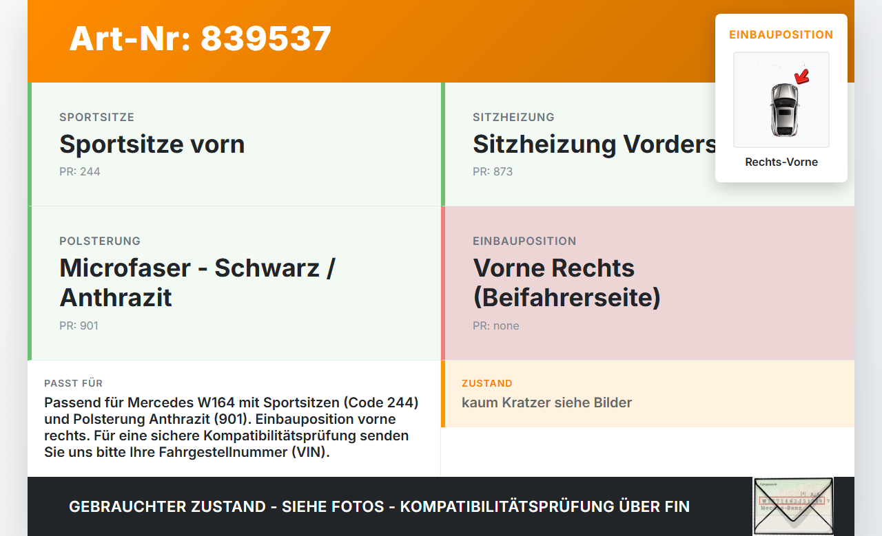 Mercedes W164 ML420 05-09 Rückenplatte Rückwand Sitz Rechts Vorne Mercedes W164 ML420 05-09 18.01.2008 A2519100439... Vorschau 3
