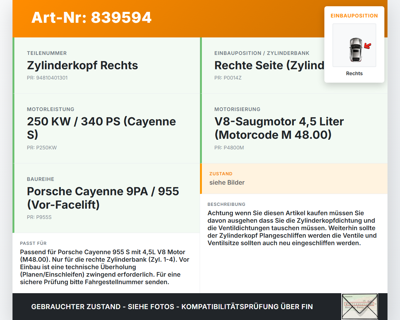 Porsche Cayenne 9PA 955 02-07 4,5 250KW M 48.00 Zylinderkopf Rechts Porsche Cayenne 9PA 955 02-07 07.06.2005... Vorschau 3