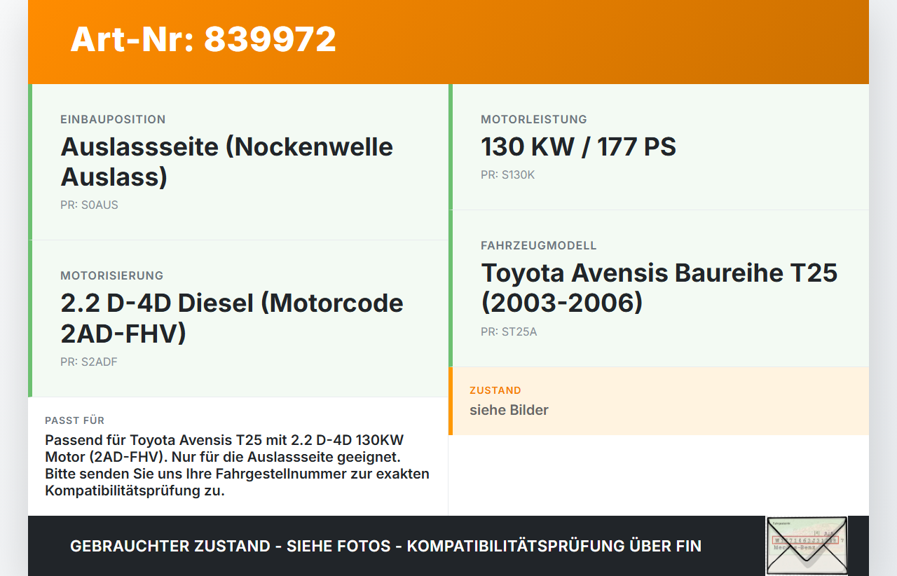 Toyota Avensis T25 03-06 D-4D 2,2 130KW 2ADFHV Nockenwelle Auslass Toyota Avensis T25 03-06 18.05.2006  13502-0R011... Vorschau 3