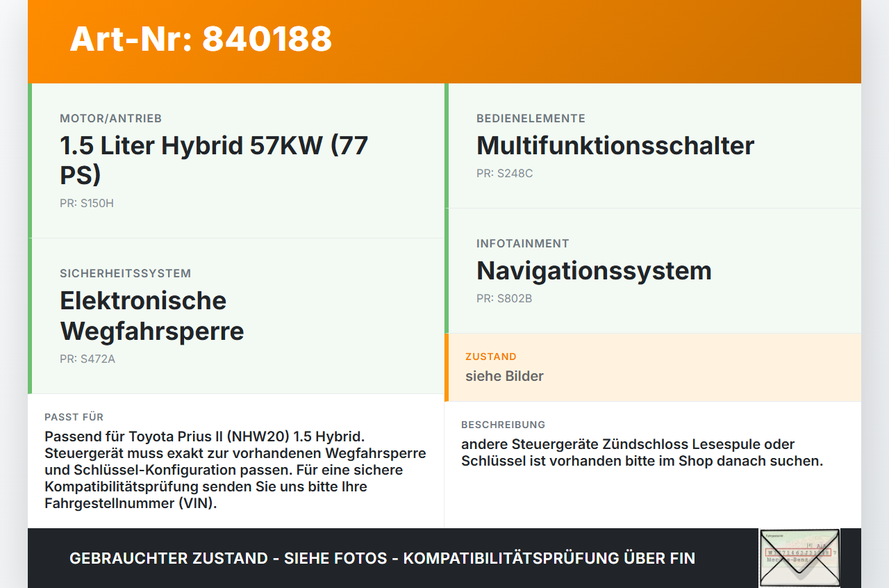 Toyota Prius II 05-09 Hybrid 1,5 57KW Wegfahrsperre ECU Steuergerät Toyota Prius II 05-09 20.03.2008 8978047040... Vorschau 3