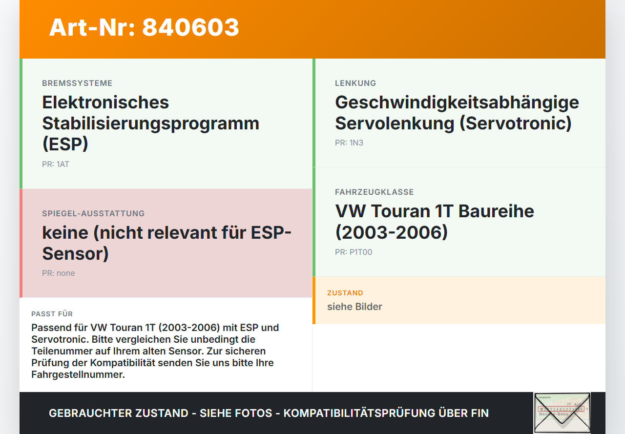 VW Touran 1T 03-06 ESP Sensor Steuergerät SG Beschleunigungssensor VW Touran 1T 03-06 12.12.2003 10.0985-0320.4... Vorschau 3