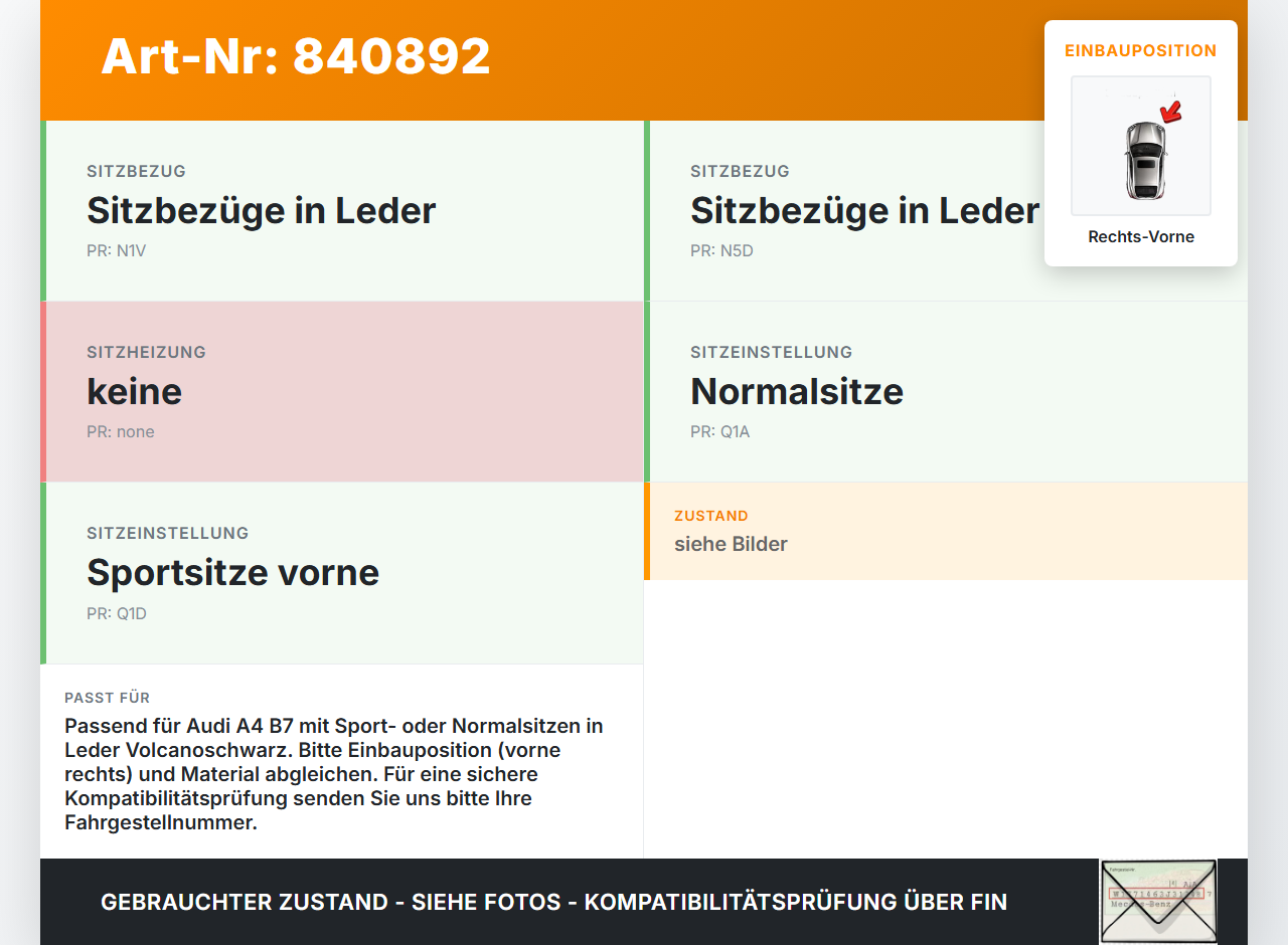 Audi A4 B7 8E 04-08 Kombi Leder Kopfstütze Beifahrersitz Rechts Vorne Audi A4 B7 8E 04-08 26.04.2006 4F0881902AE... Vorschau 3