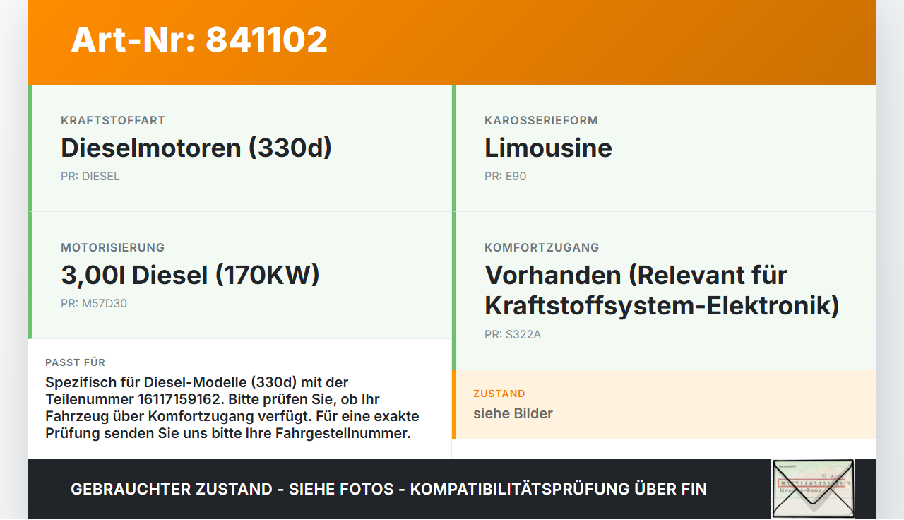 BMW 3er E90 05-08 330D 3,0 170KW Tankgeber Tankeinheit BMW 3er E90 05-08 08.05.2007 7159162 16117159162 gebraucht Vorschau 3