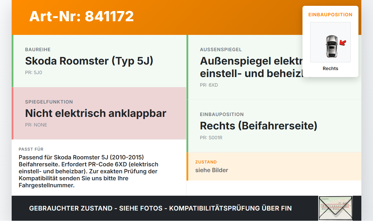 Skoda Roomster 5J 10-15 Spiegel Aussenspiegel nur Glas Rechts Skoda Roomster 5J 10-15 17.04.2014 5J0857522M gebraucht Vorschau 3