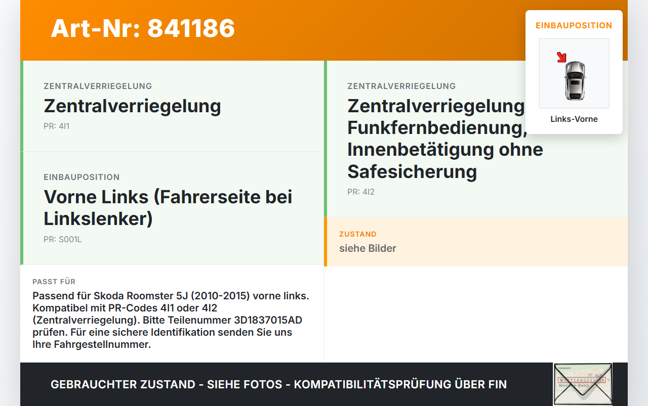 Skoda Roomster 5J 10-15 Kombi Türschloss mit ZV Stellmotor Links Vorne Skoda Roomster 5J 10-15 17.04.2014... Vorschau 3