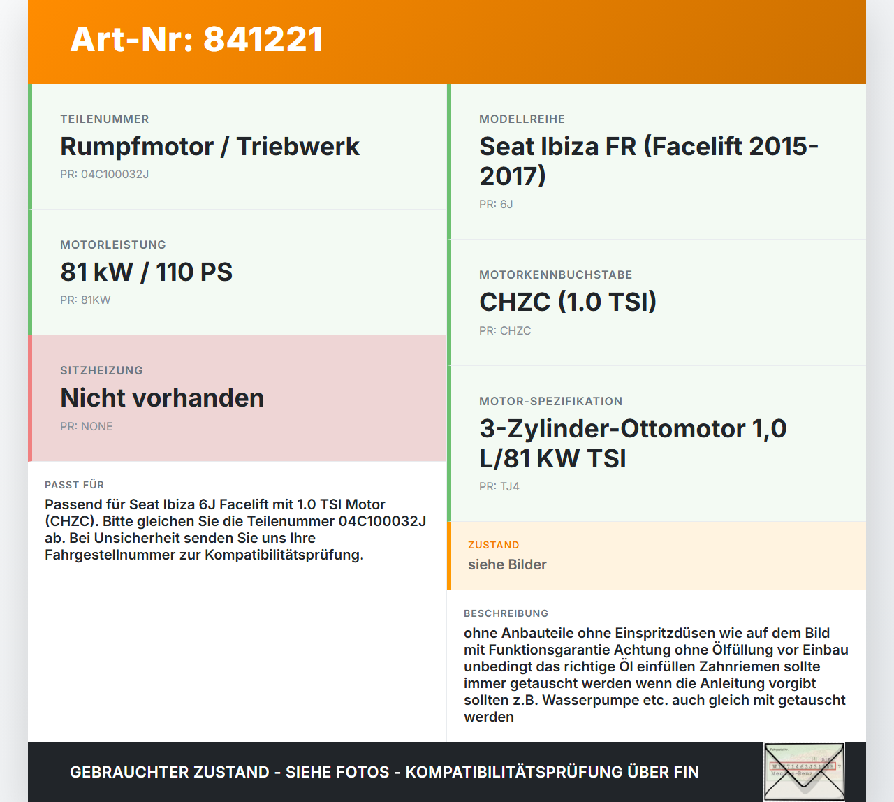 Seat Ibiza FR 6J 15-17 TSi 1,0 81KW CHZC Motor Triebwerk Seat Ibiza FR 6J 15-17 07.10.2016 04C100032J gebraucht Vorschau 3