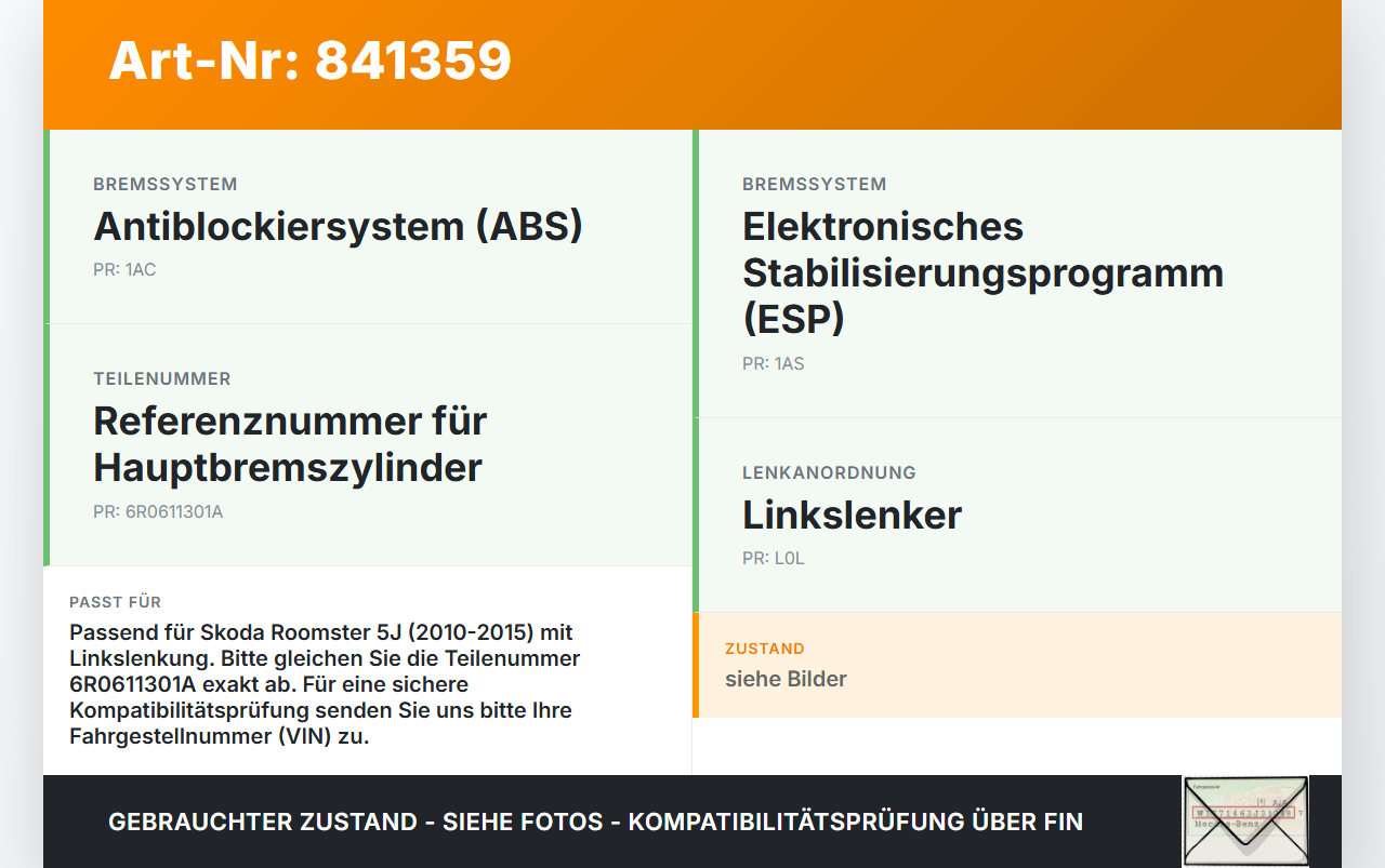 Skoda Roomster 5J 10-15 Hauptbremszylinder Bremszylinder Skoda Roomster 5J 10-15 17.04.2014 6R0611301A gebraucht Vorschau 3