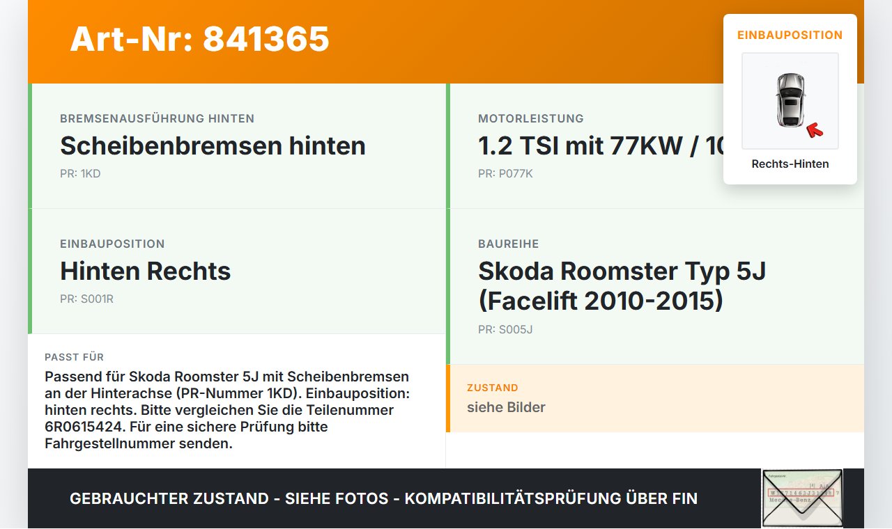 Skoda Roomster 5J 10-15 TSI 1,2 77KW Bremssattel Bremszange Hinten Rechts Skoda Roomster 5J 10-15 17.04.2014... Vorschau 3