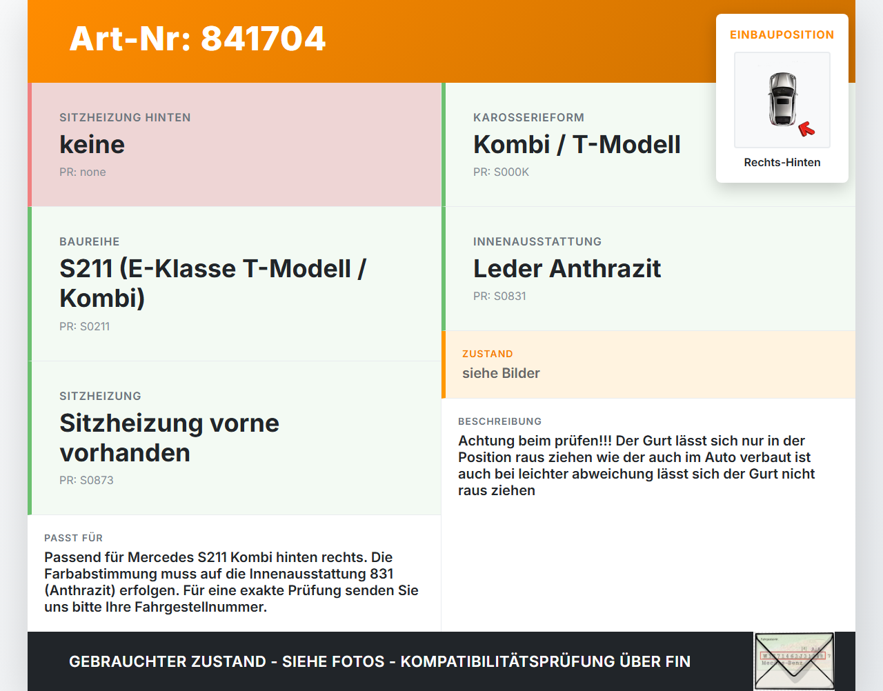 Mercedes S211 W211 E270 02-06 Kombi Gurt Sicherheitsgurt Gurtstraffer Rechts Hinten Mercedes S211 W211 E270 02-06... Vorschau 3