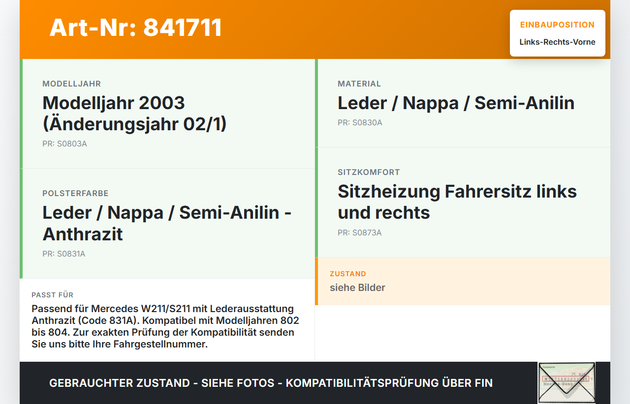Mercedes S211 W211 E270 02-06 Kombi Leder Kopfstütze für Beifahrer Sitz Rechts oder Links Vorne Mercedes S211 W211... Vorschau 3