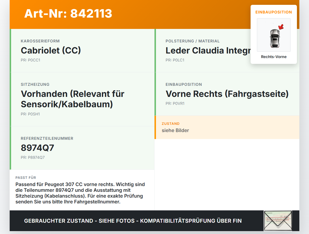 Peugeot 307 CC 03-05 Cabriolet Gurtschloss Rechts Vorne Peugeot 307 CC 03-05 22.03.2004 8974Q7 gebraucht Vorschau 3