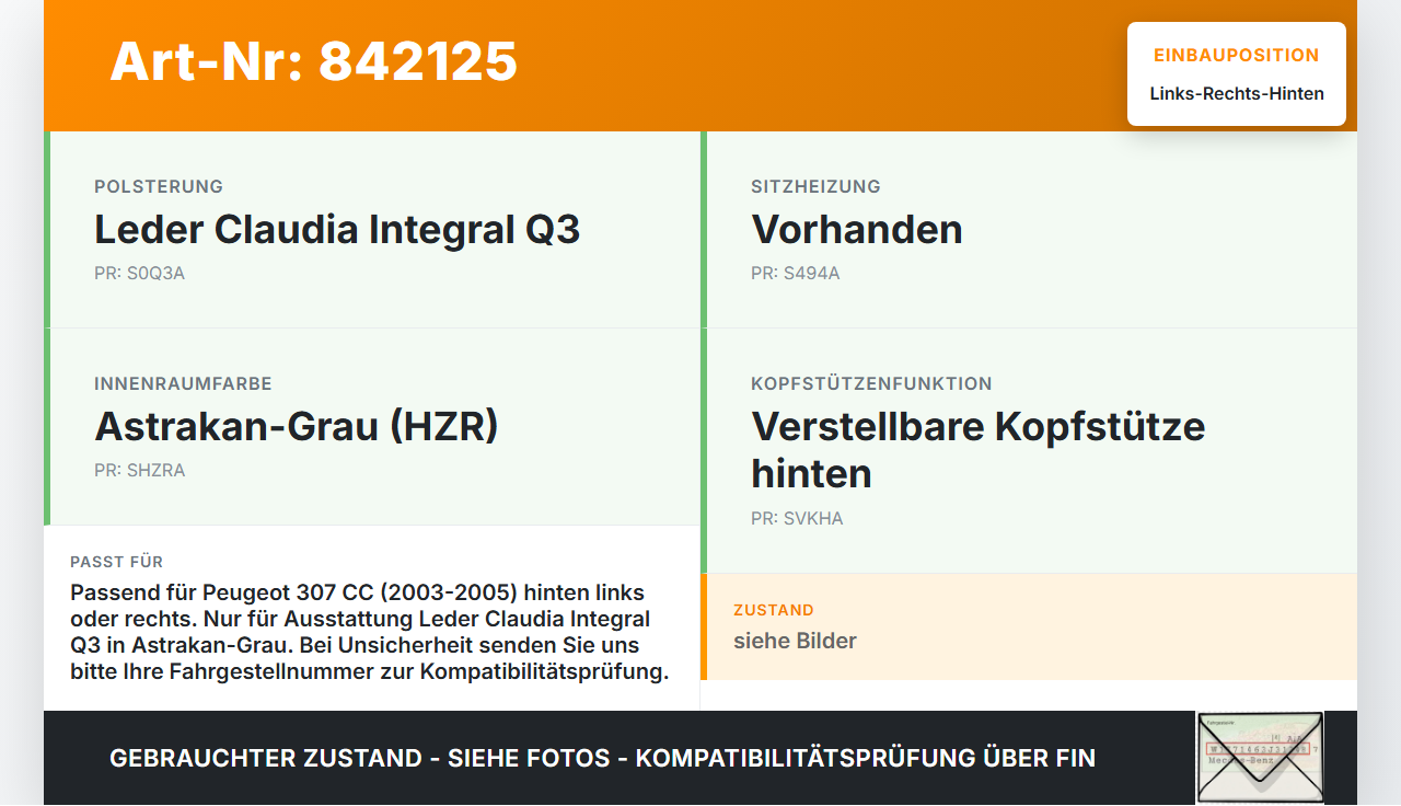Peugeot 307 CC 03-05 Kopfstütze Rechts oder Links Hinten Peugeot 307 CC 03-05 22.03.2004 8851NY gebraucht Vorschau 3