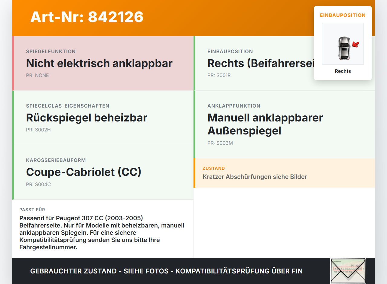 Peugeot 307 CC 03-05 Spiegel Aussenspiegel Rechts KKC Peugeot 307 CC 03-05 22.03.2004 8149AX gebraucht Vorschau 3