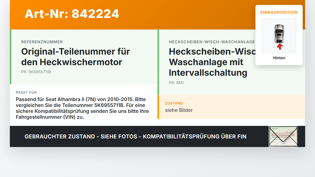 Seat Alhambra II 7N 10-15 Wischerarm Hinten Heckwischer Seat Alhambra II 7N 10-15 14.07.2011 5K6955711B gebraucht Vorschau 3