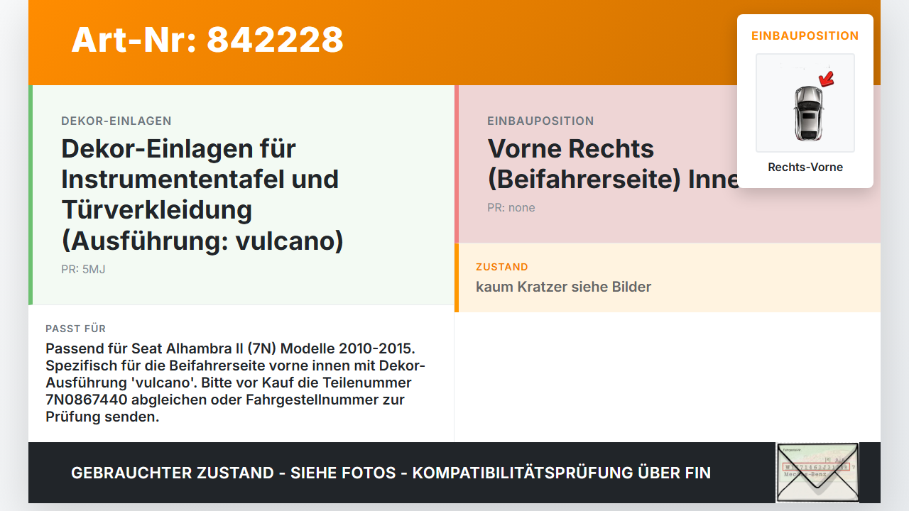 Seat Alhambra II 7N 10-15 Türleiste Rechts Vorne Innen vulcano LC9X Seat Alhambra II 7N 10-15 14.07.2011 7N0867440... Vorschau 3
