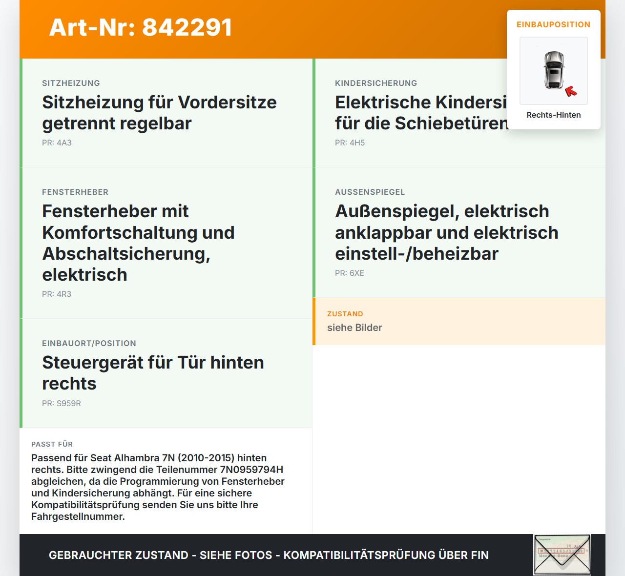 Seat Alhambra II 7N 10-15 Steuergerät ECU Modul SG Rechts Hinten Seat Alhambra II 7N 10-15 14.07.2011 7N0959794E... Vorschau 3