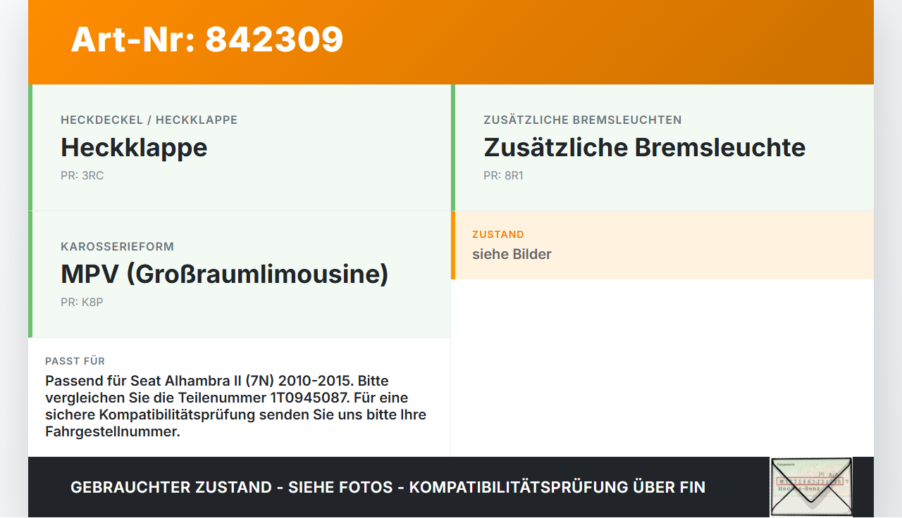 Seat Alhambra II 7N 10-15 Bremslicht 3te Bremsleuchte für Klappe Seat Alhambra II 7N 10-15 14.07.2011 1T0945087... Vorschau 3
