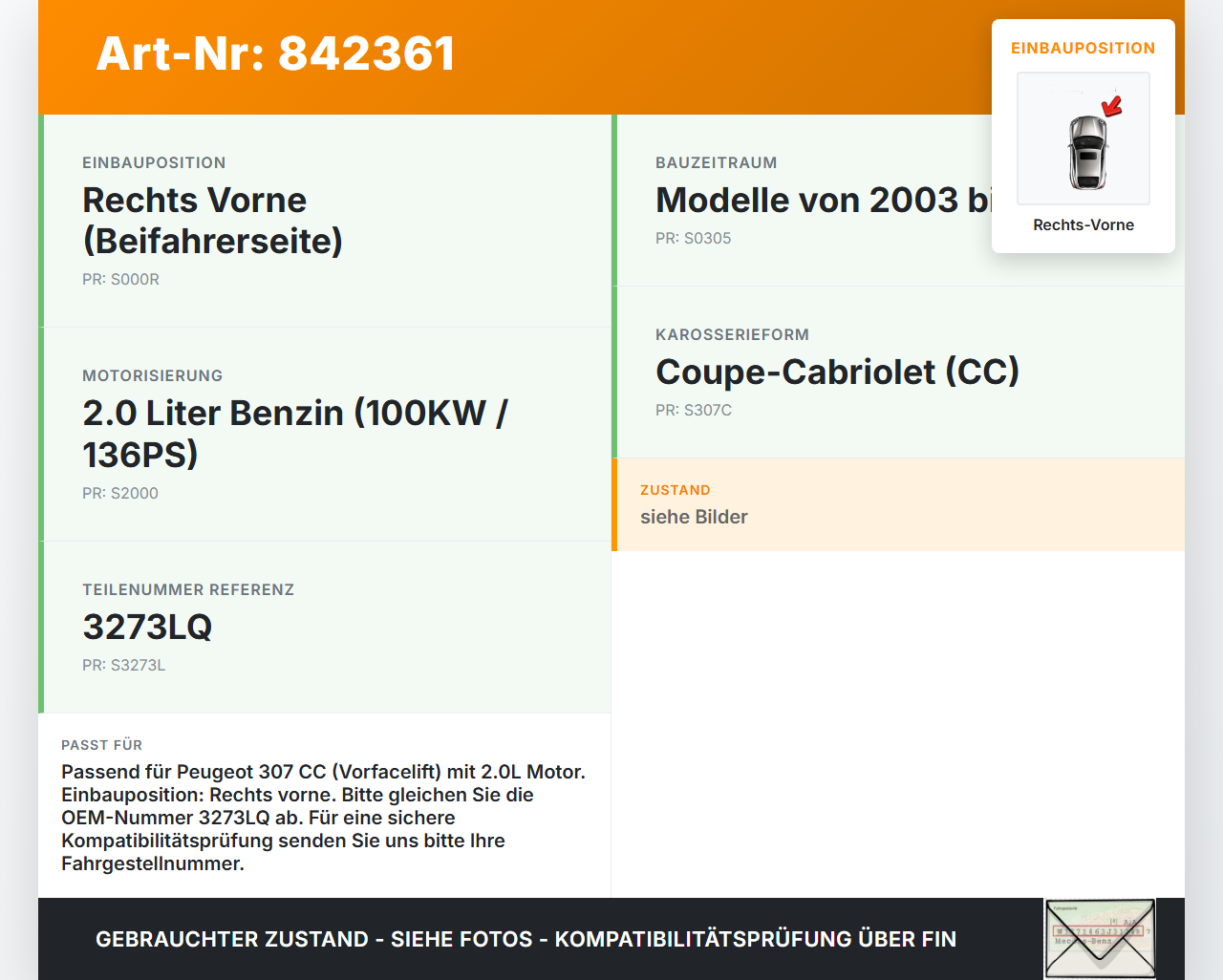 Peugeot 307 CC 03-05 2,0 100KW Antriebswelle Gelenkwelle Rechts Vorne Peugeot 307 CC 03-05 22.03.2004 3273LQ gebraucht Vorschau 3
