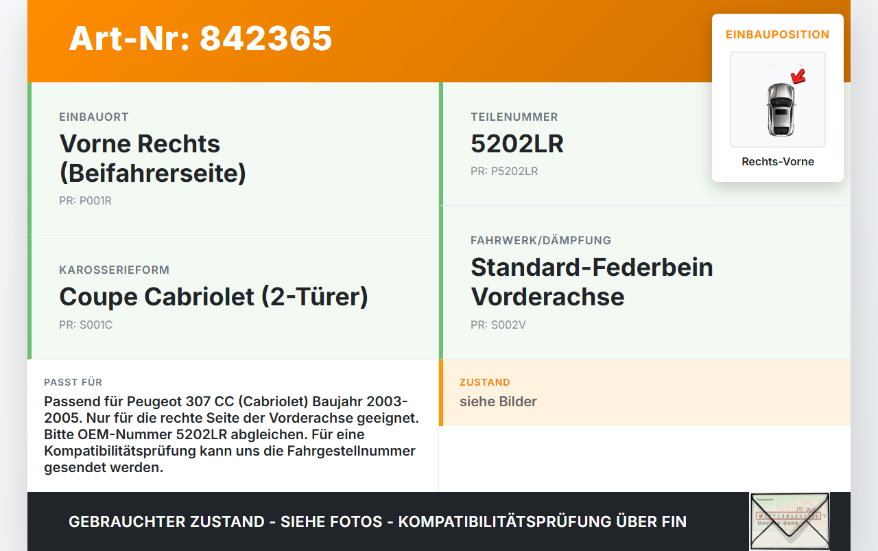 Peugeot 307 CC 03-05 Cabriolet Federbein Stossdämpfer Vorne Rechts Peugeot 307 CC 03-05 22.03.2004 5202LR gebraucht Vorschau 3