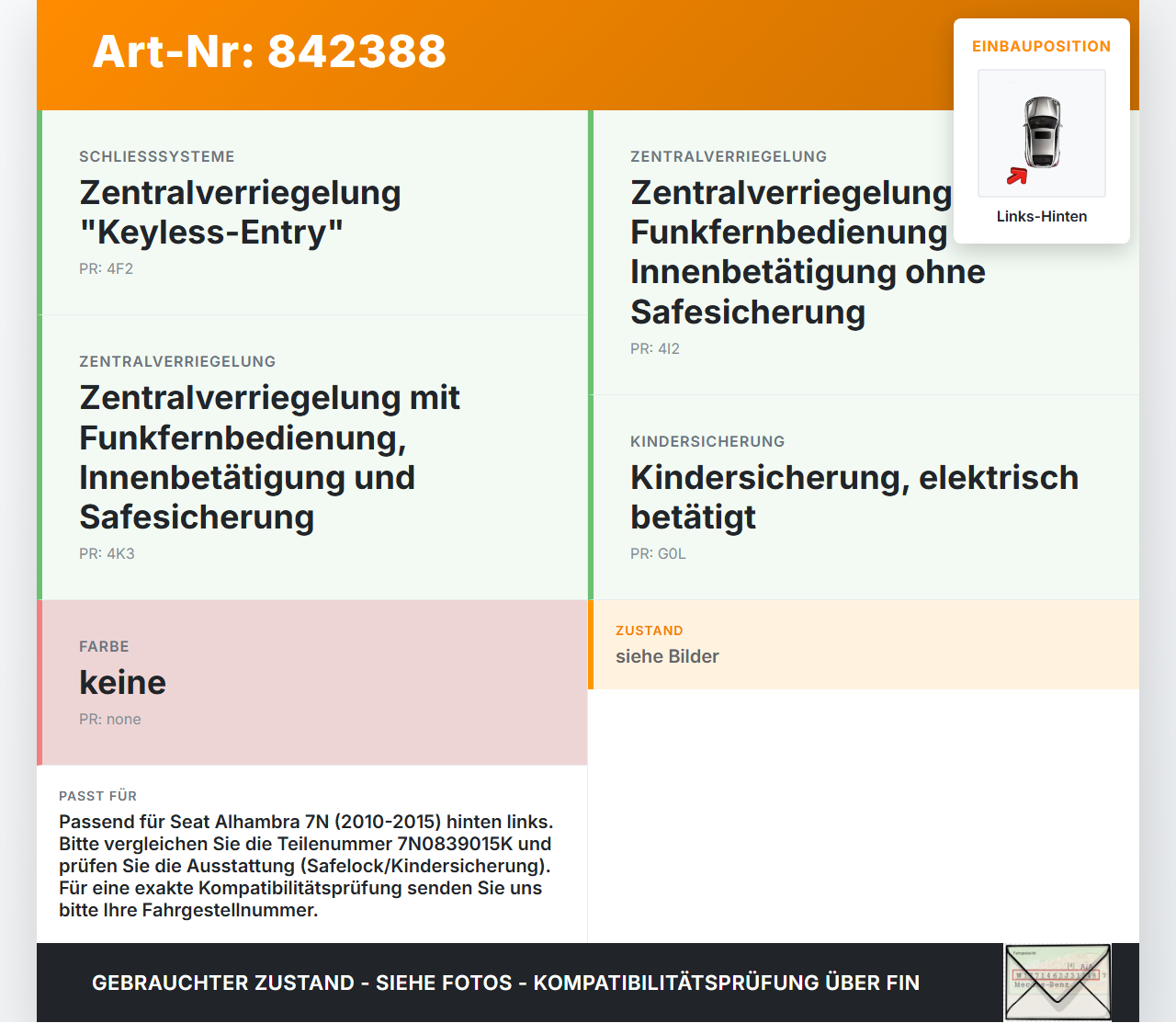 Seat Alhambra II 7N 10-15 Türschloss m. ZV Stellmotor Links Hinten Seat Alhambra II 7N 10-15 14.07.2011 7N0839015B... Vorschau 3