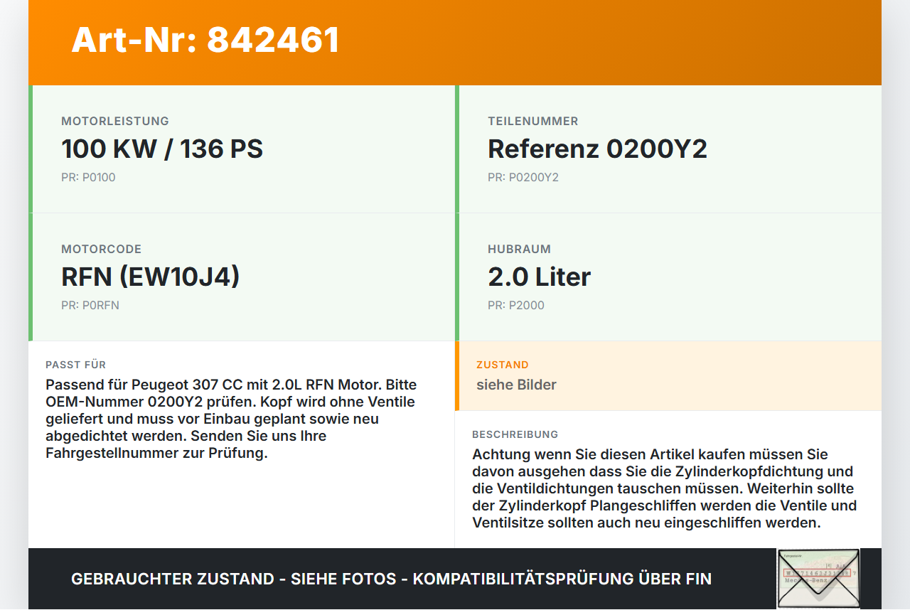 Peugeot 307 CC 03-05 2,0 100KW RFN Zylinderkopf Peugeot 307 CC 03-05 22.03.2004 0200Y2 gebraucht Vorschau 3