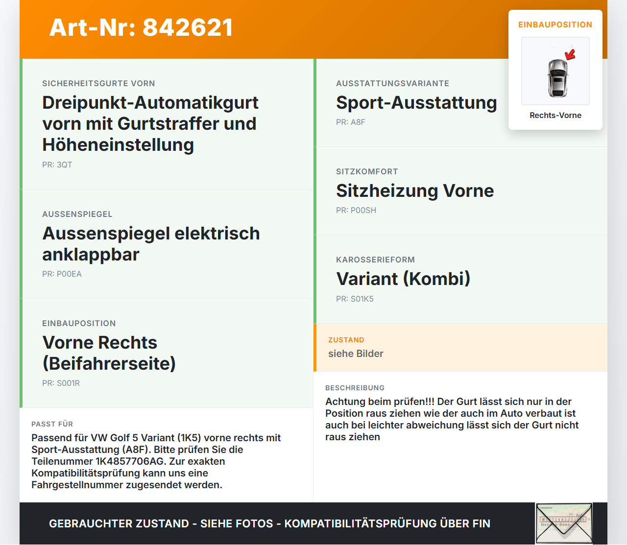 VW Golf 5 V Variant 1K5 03-09 Gurt Sicherheitsgurt Rechts Vorne VW Golf 5 V Variant 1K5 03-09 25.01.2008... Vorschau 3