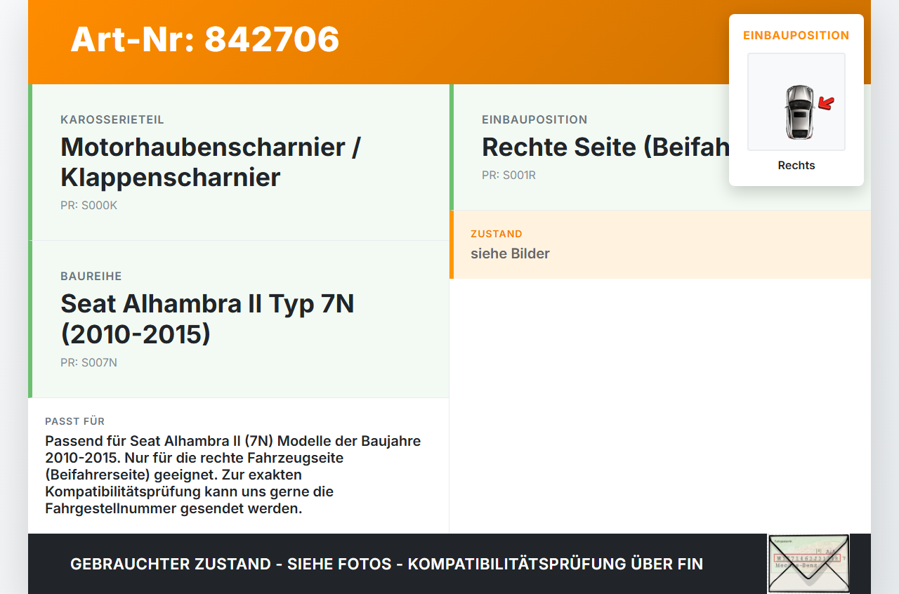 Seat Alhambra II 7N 10-15 Scharnier für Motorhaube Motorhaubenscharnier Rechts Seat Alhambra II 7N 10-15 14.07.2011... Vorschau 3