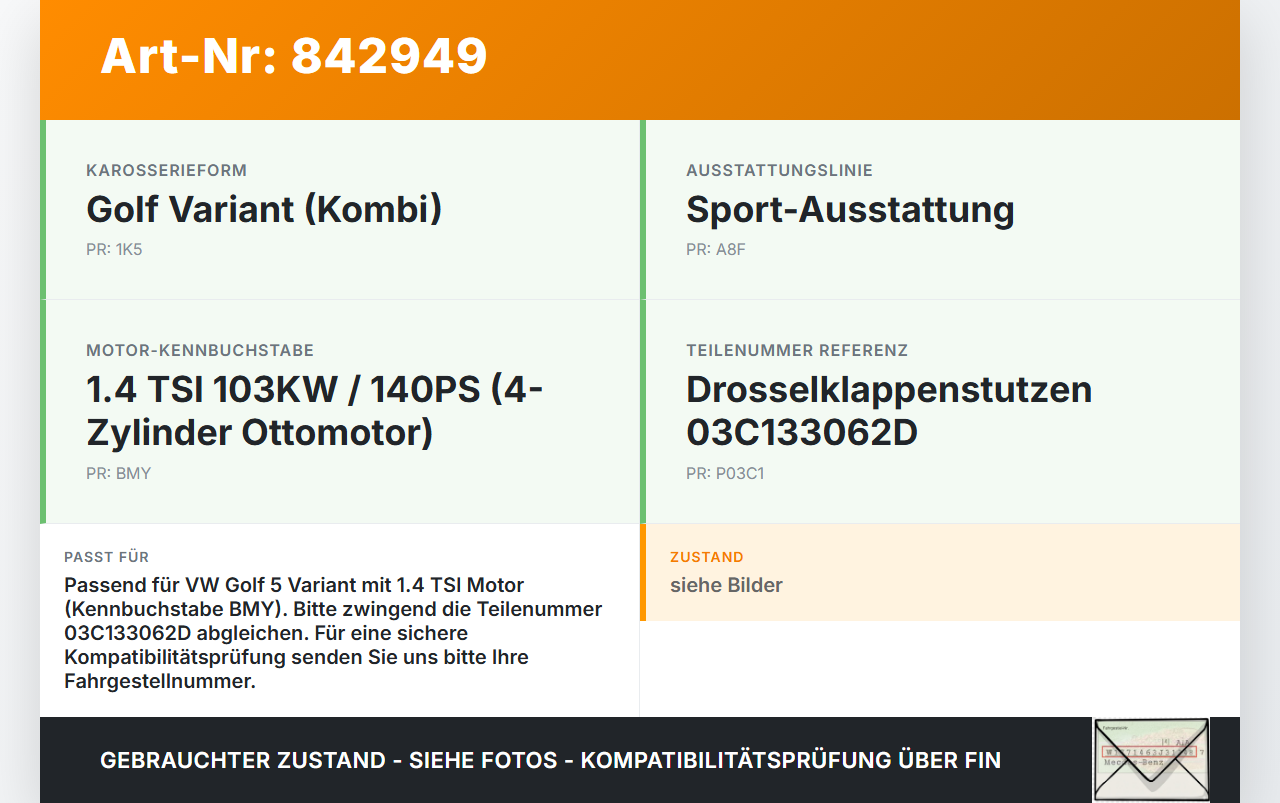 VW Golf 5 V Variant 1K5 03-09 TSI 1,4 103KW BMY Drosselklappe VW Golf 5 V Variant 1K5 03-09 25.01.2008 03C133062D... Vorschau 3