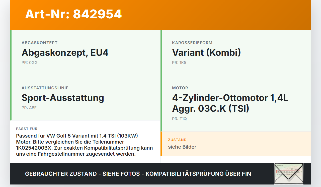VW Golf 5 V Variant 1K5 03-09 TSI 1,4 103KW Katalysator Kat VW Golf 5 V Variant 1K5 03-09 25.01.2008 1K0131701AR... Vorschau 3