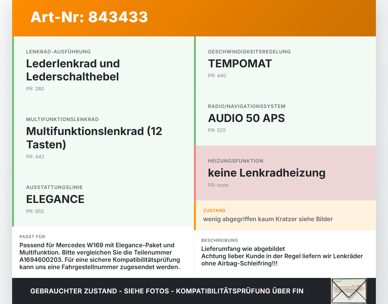 Mercedes W169 A180 04-08 Lenkrad Airbaglenkrad Mercedes W169 A180 04-08 16.04.2007 A0008607403 A1694600203... Vorschau 3